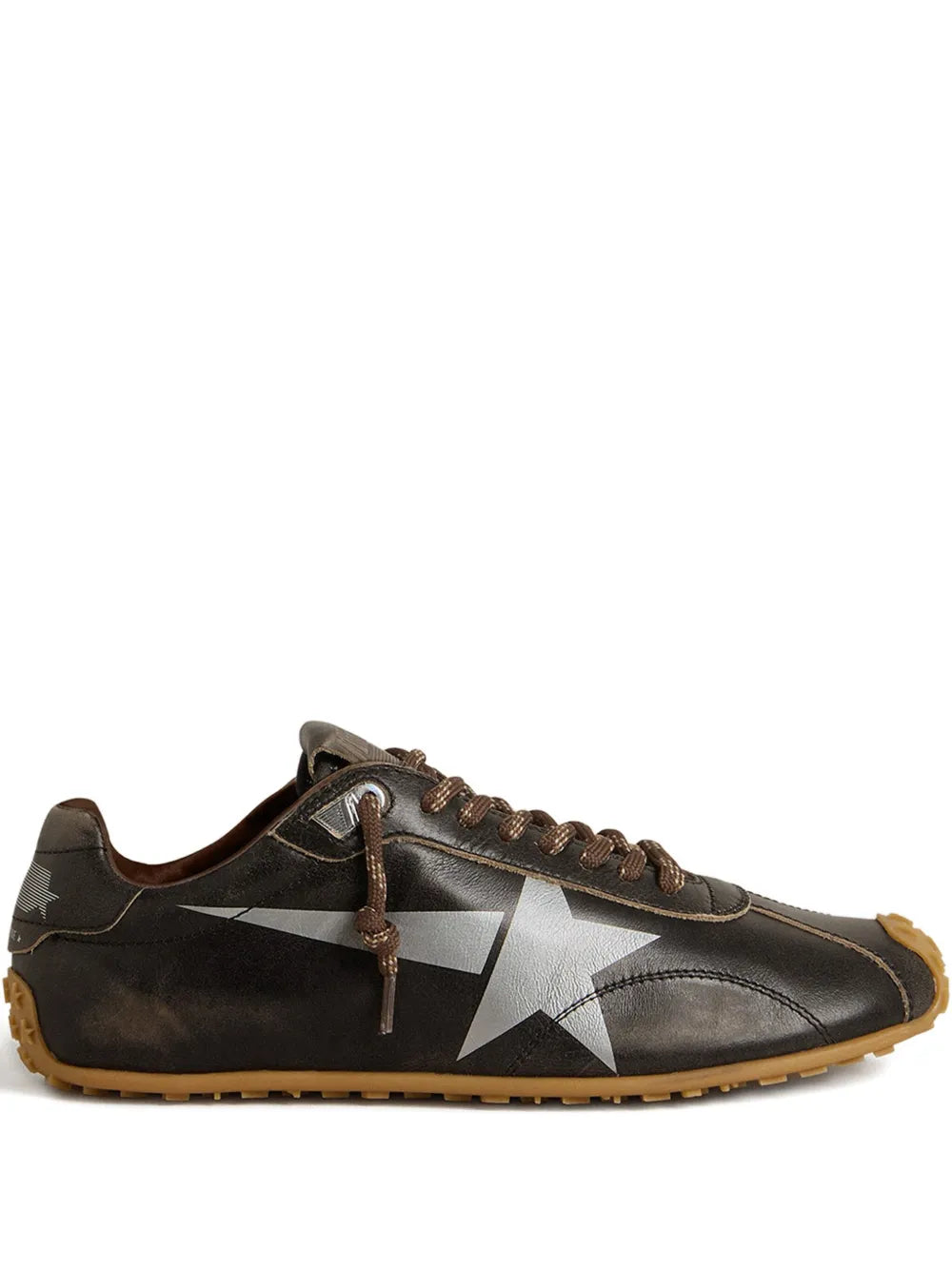Dark brown leather low-top sneakers with star logo and lace-up front