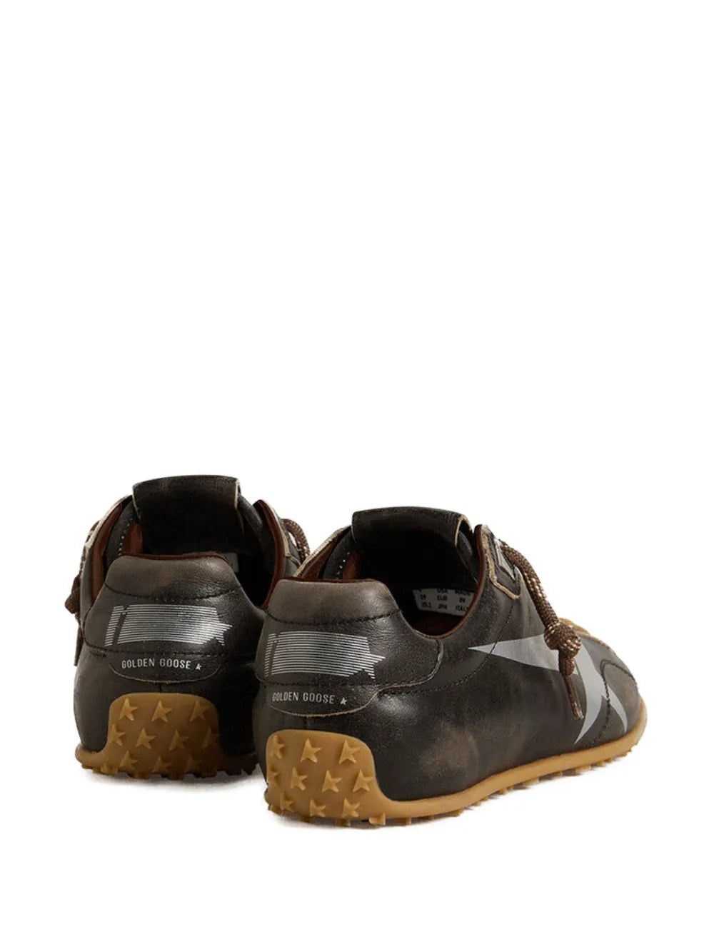Back view of dark brown leather lace-up sneakers with star-tread rubber sole
