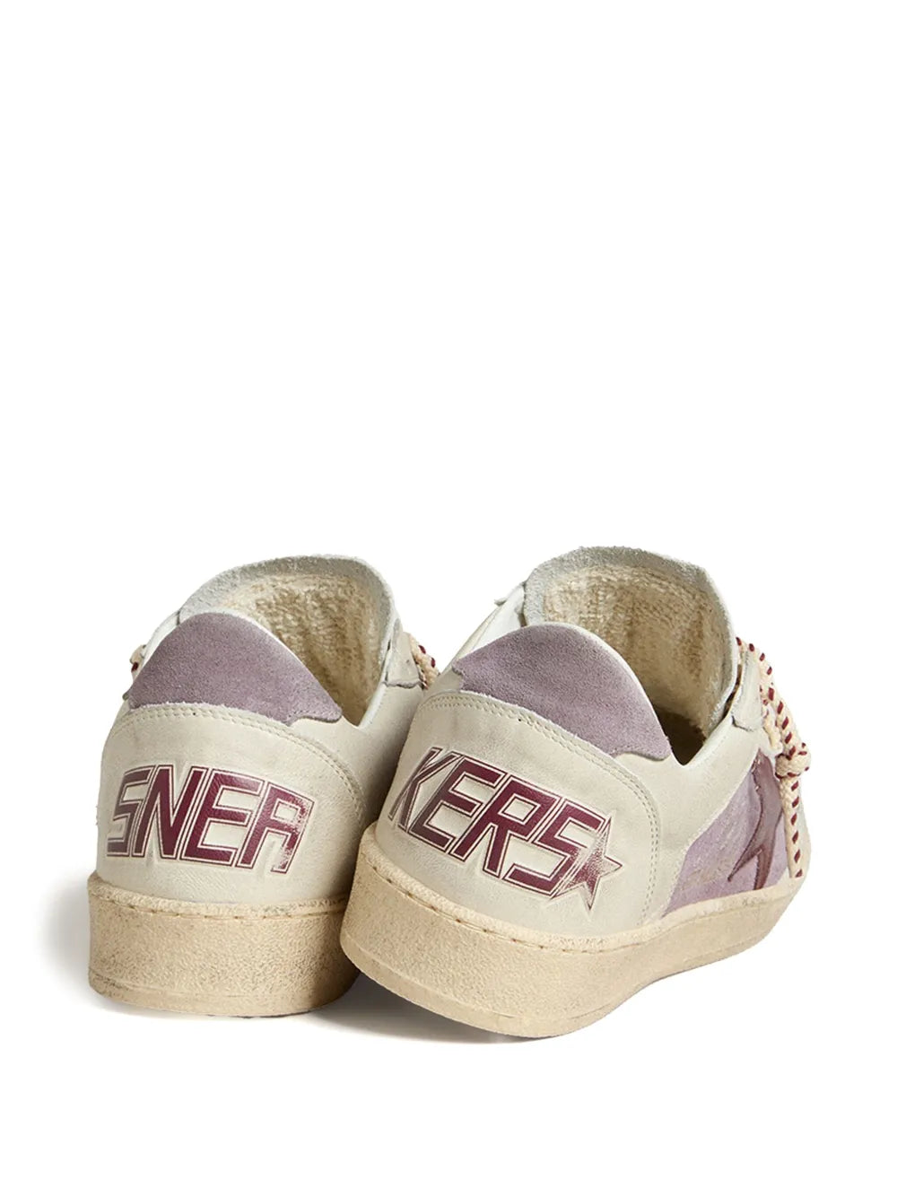 Leather star sneaker back view with heel tab lettering, purple and cream upper