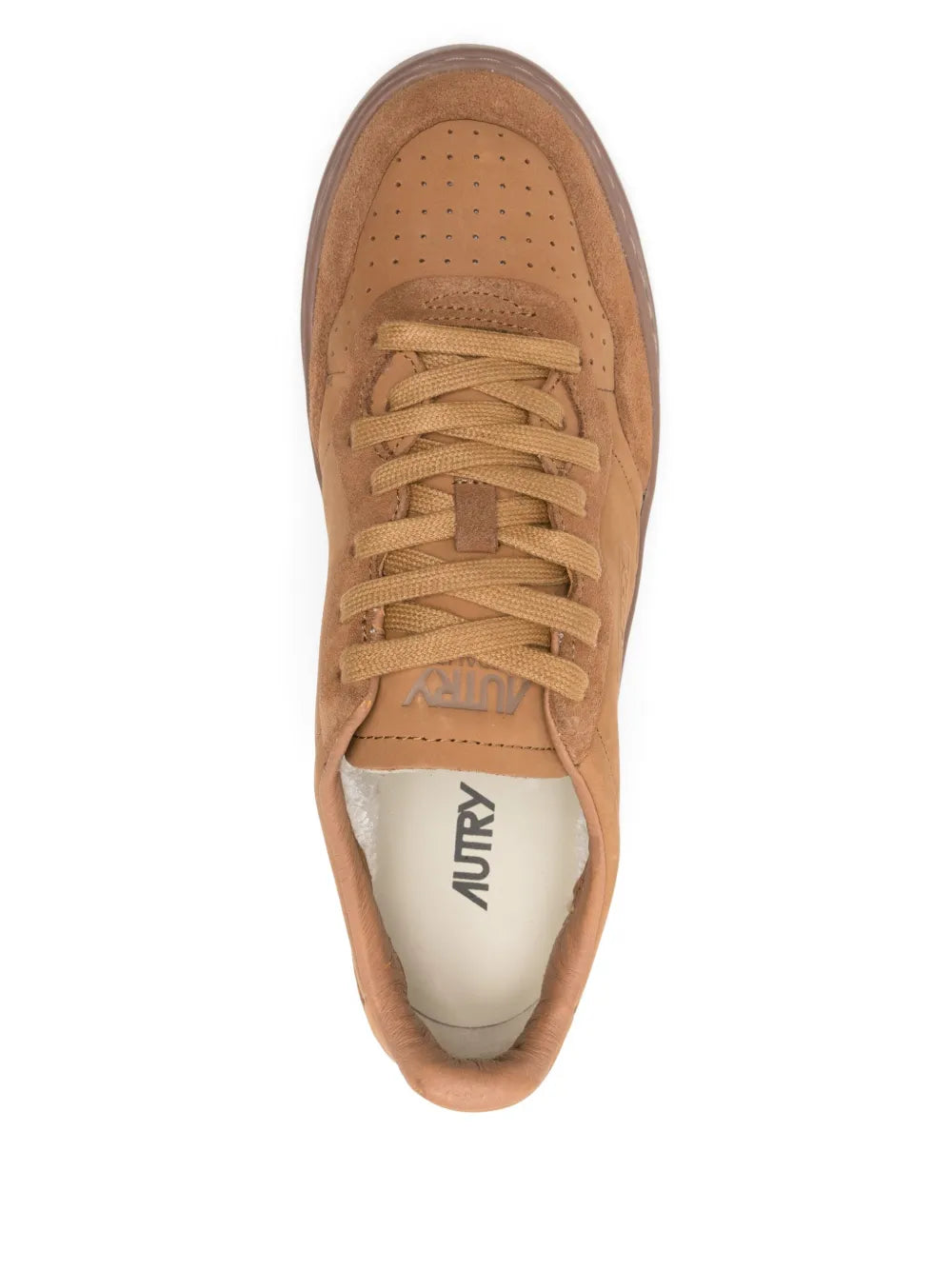 Autry Medalist camel brown sneakers with open collar, laces, and brand insole
