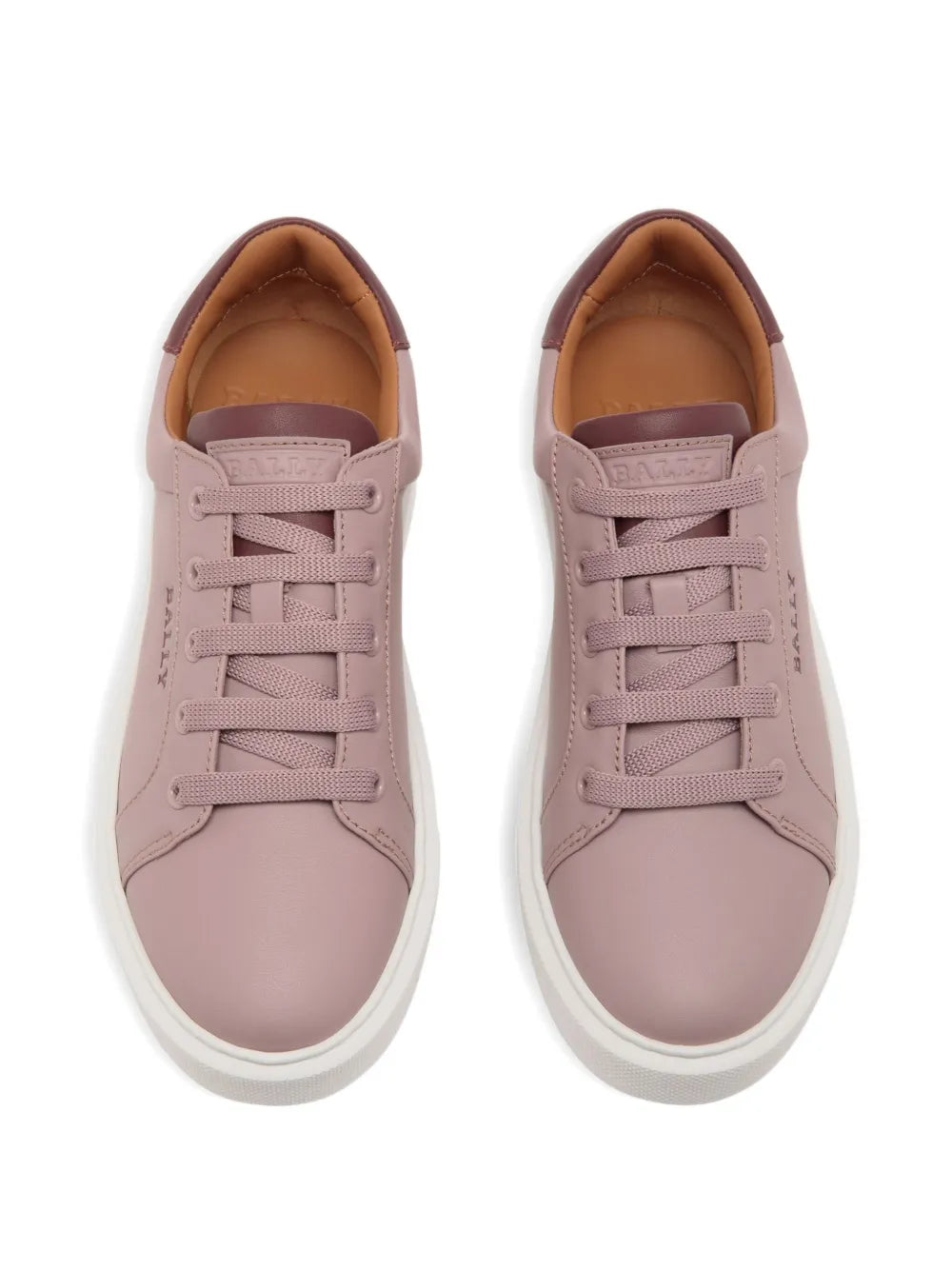 Pair of pink leather lace-up sneakers with woven laces and white soles
