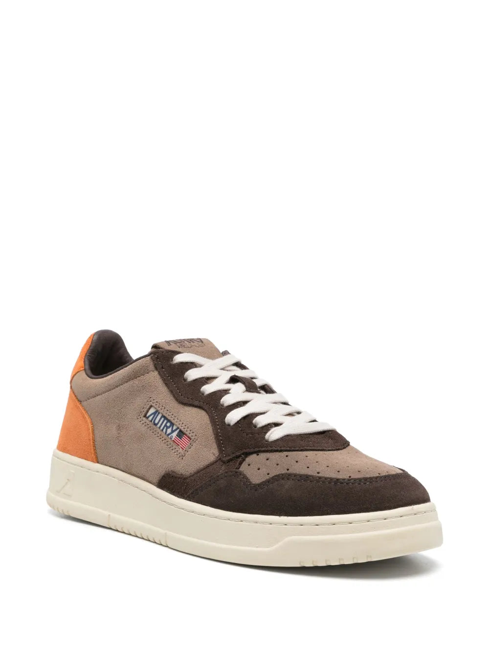 Autry low-top sneakers in taupe and dark brown with orange side panel, white laces