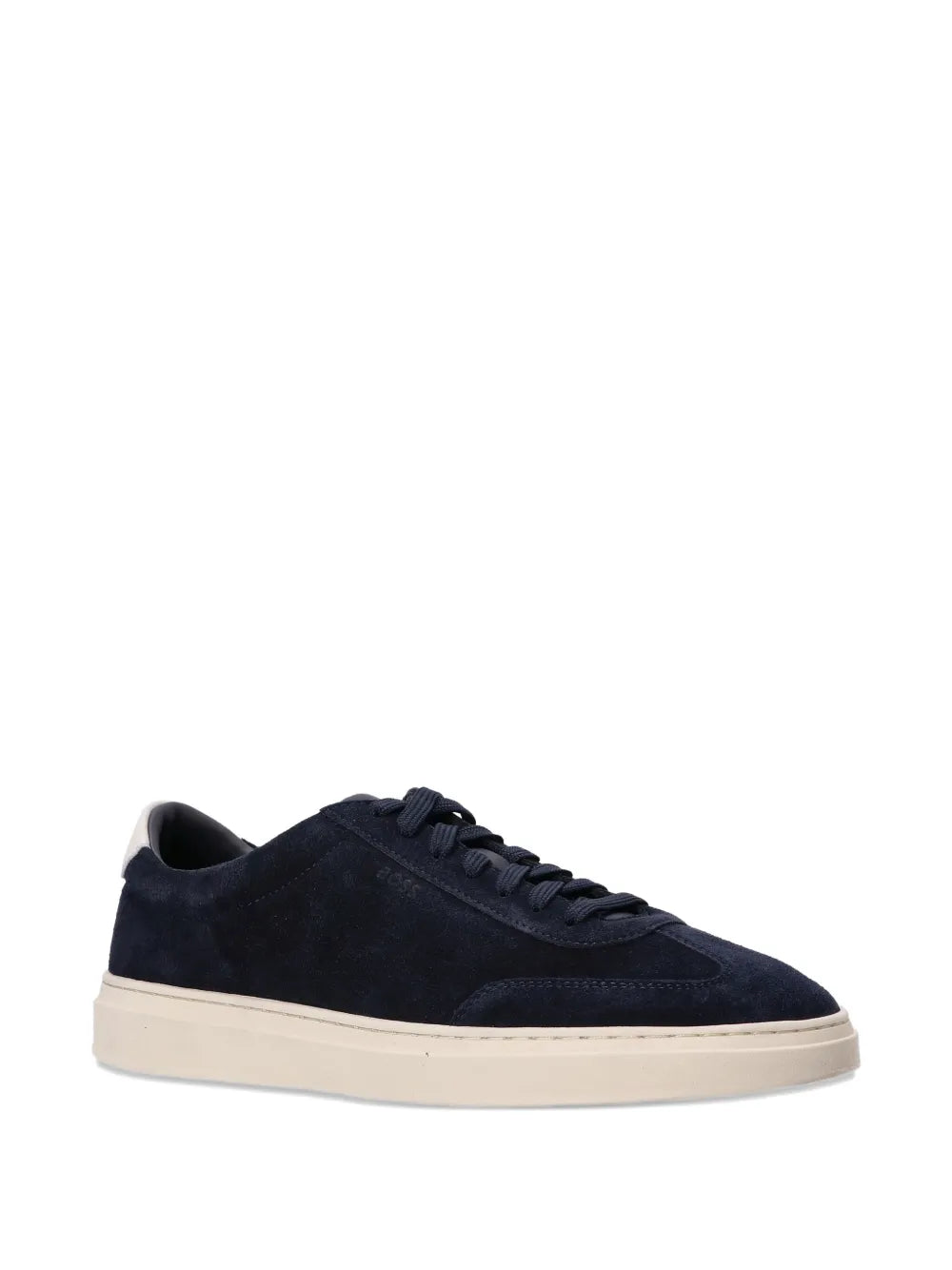 Navy suede low-top sneakers from side view with lace-up closure and cream sole