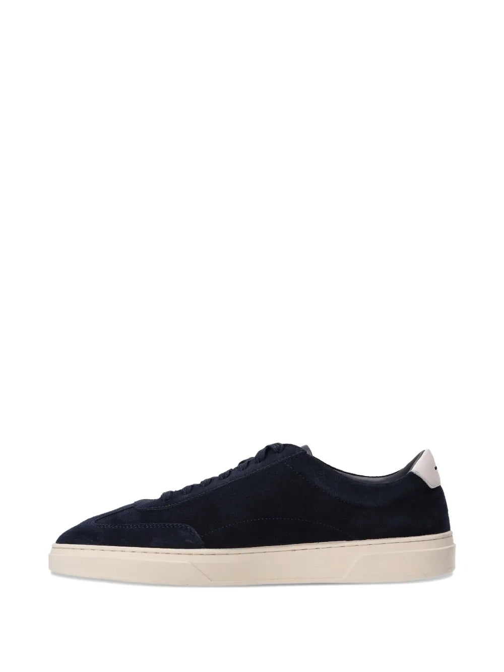 Navy suede low-top sneakers from angled side, lace-up front and cream rubber sole