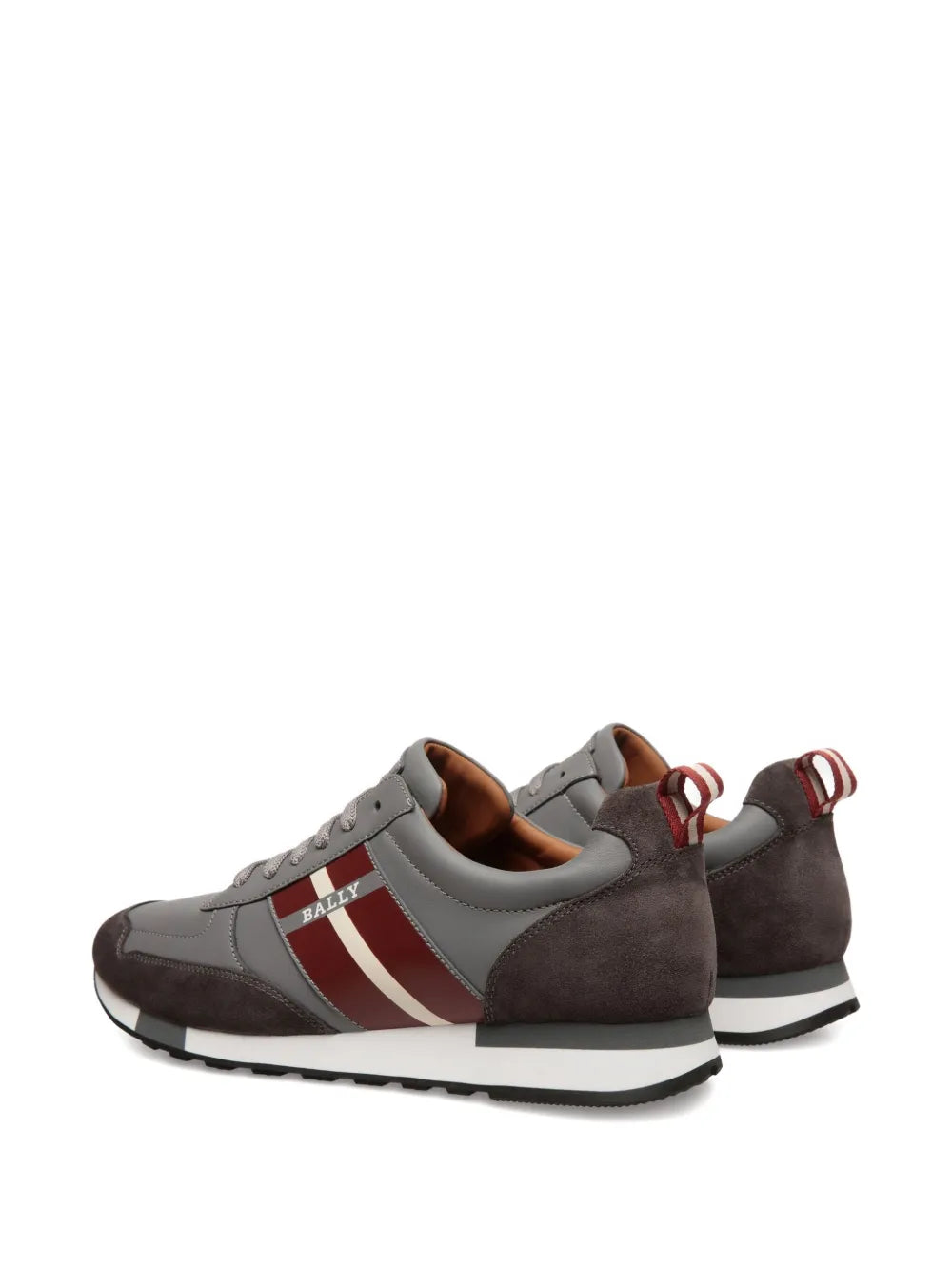 Grey and dark-brown leather lace-up sneakers with striped side panels