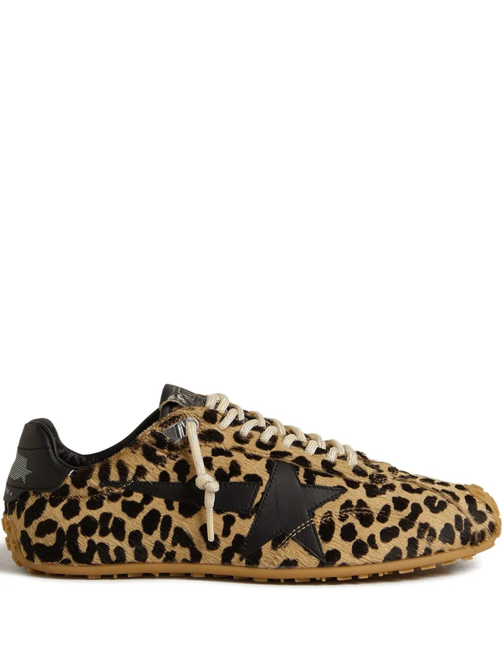 Beige leopard-print low-top sneakers with lace-up and black side panel