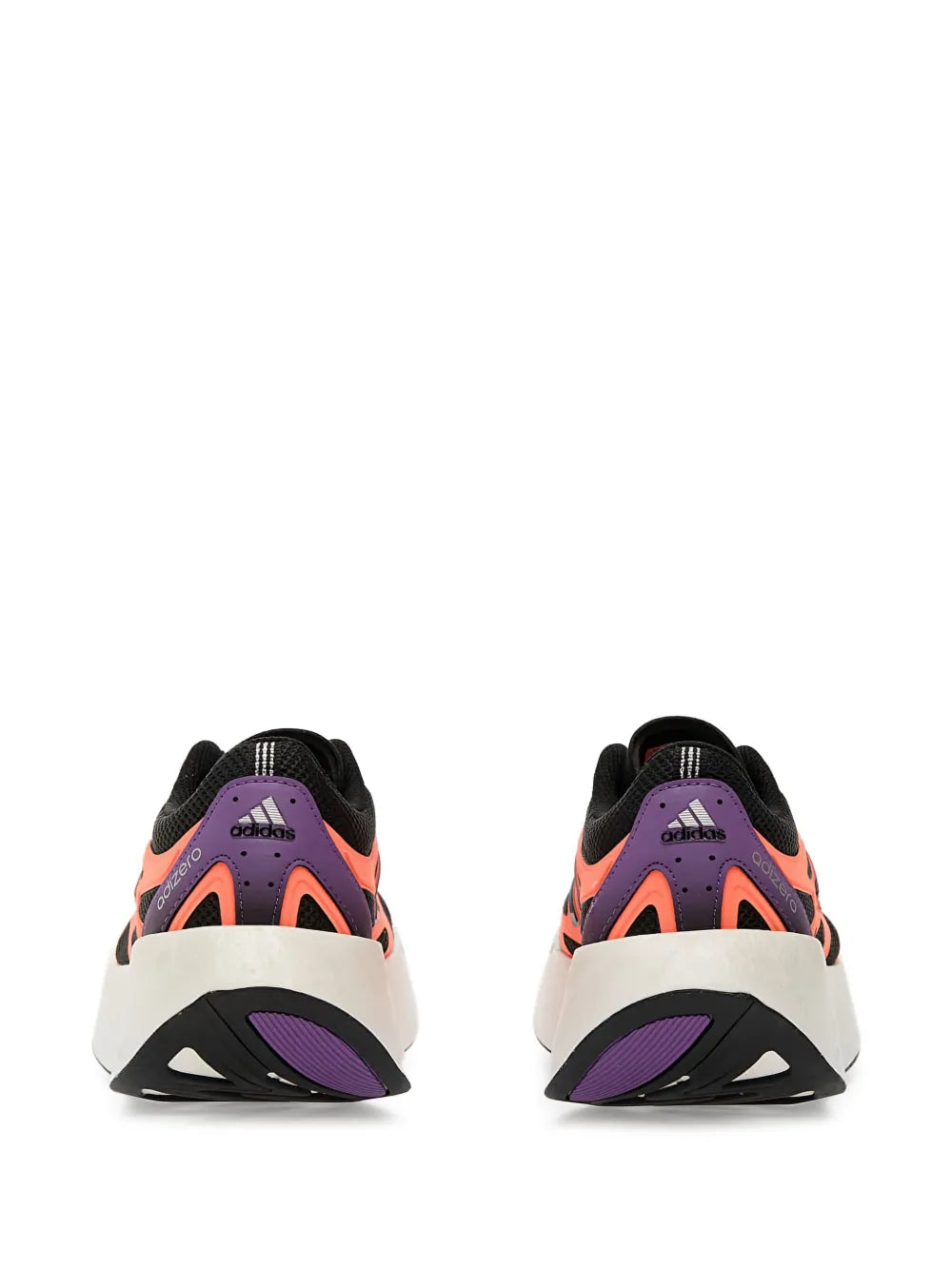 Pair of orange running sneakers heel view with black collar and purple detailing