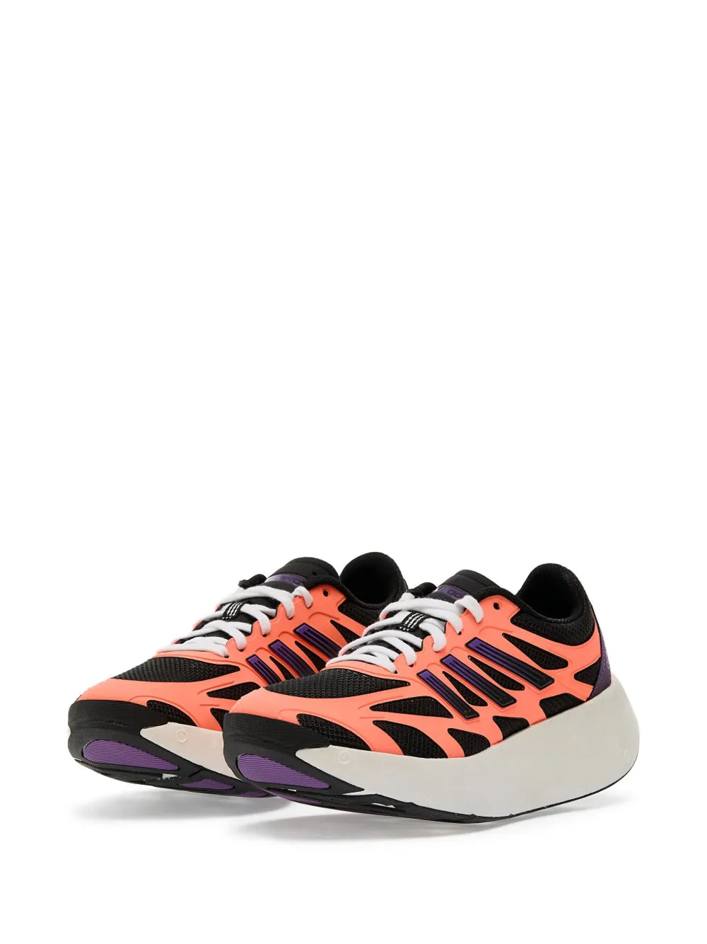 Orange mesh running sneaker side view, black and purple accents, lace-up
