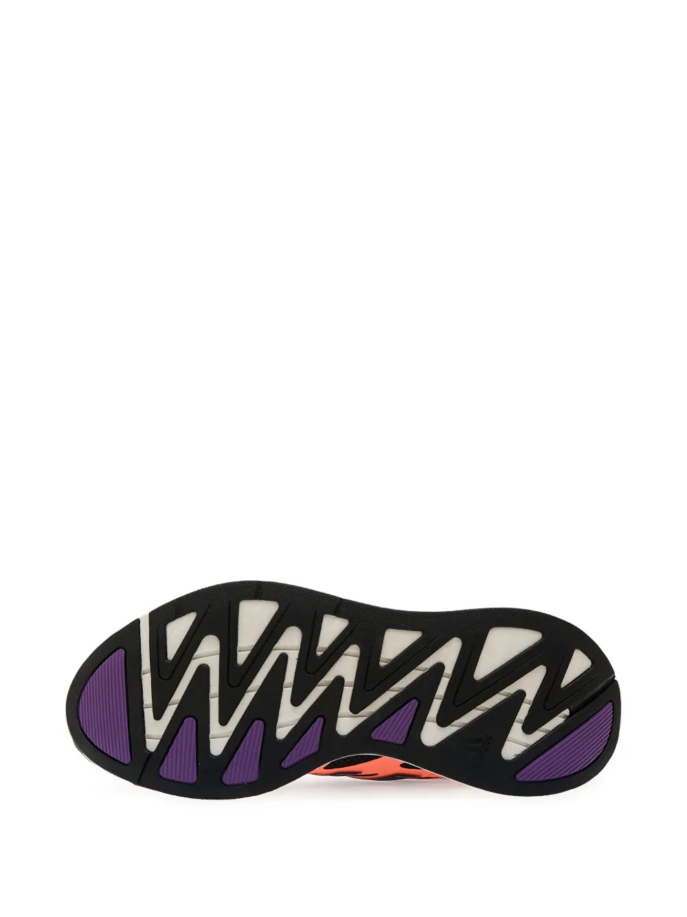 Rubber outsole of orange running sneaker with zigzag tread and purple highlights