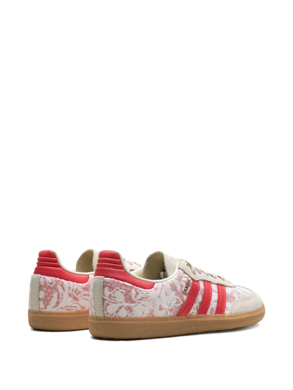 Adidas Samba sneakers, white with red heel tab and patterned side panels, gum sole.