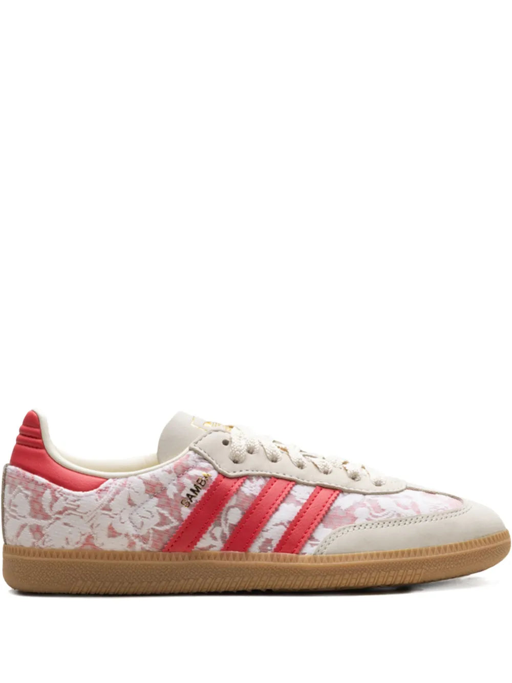 Adidas Samba sneakers in white with red stripes, red heel tab, gum sole.