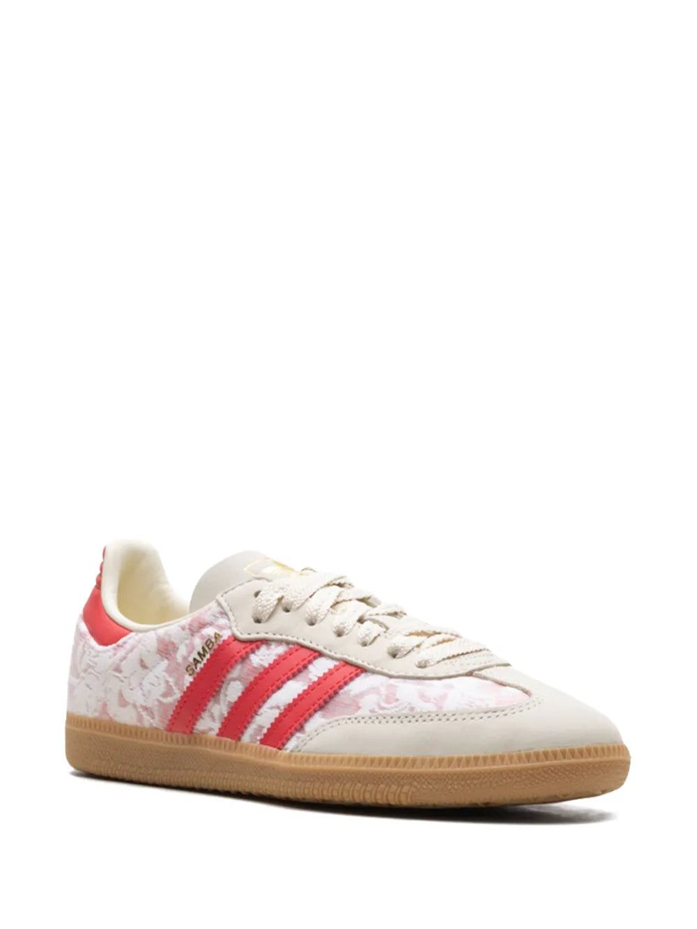 Adidas Samba low-top sneakers, white with red side stripes and gum sole.