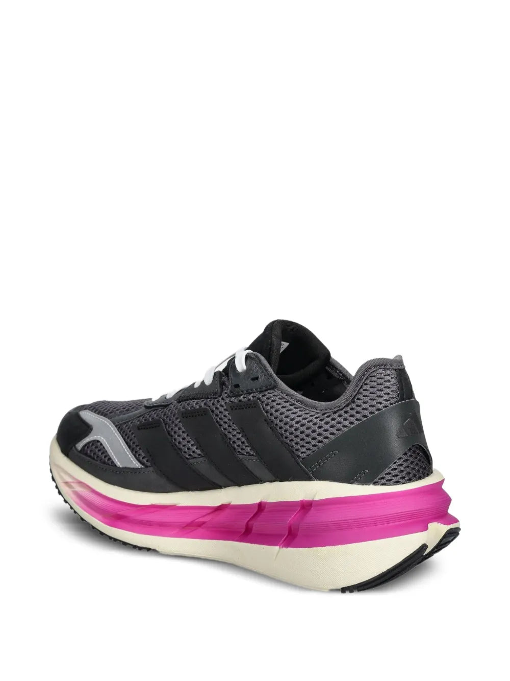 adidas running shoes, dark grey upper with pink midsole edge and cream side panel