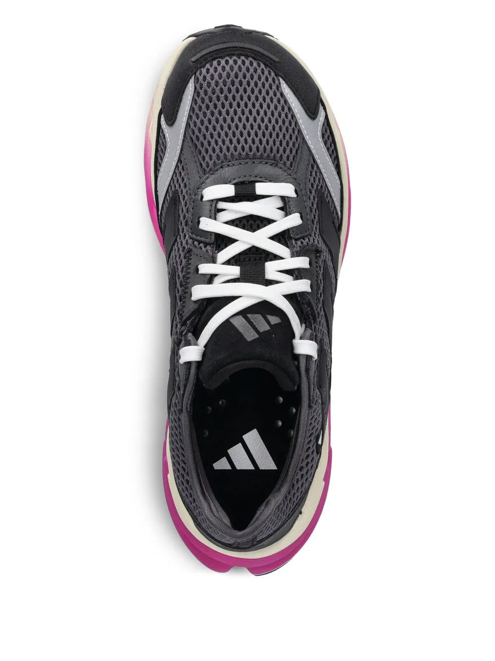 adidas Adizero Boston 12 shoe with dark interior, white lace-up front and grey mesh