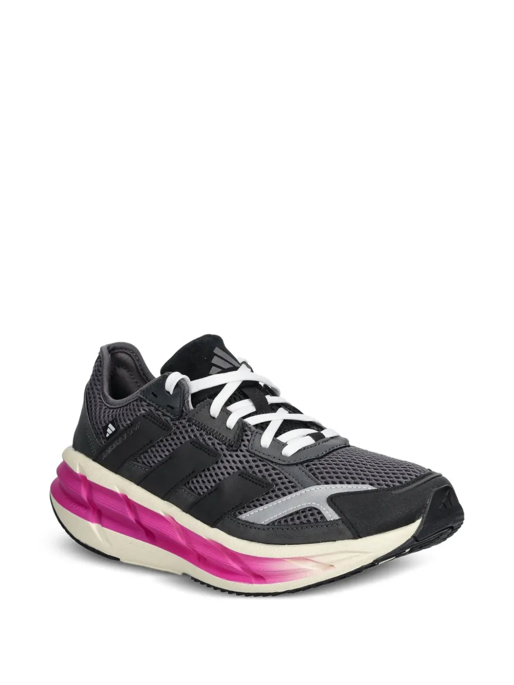 adidas running shoes, dark grey mesh upper with white laces and pink outsole trim