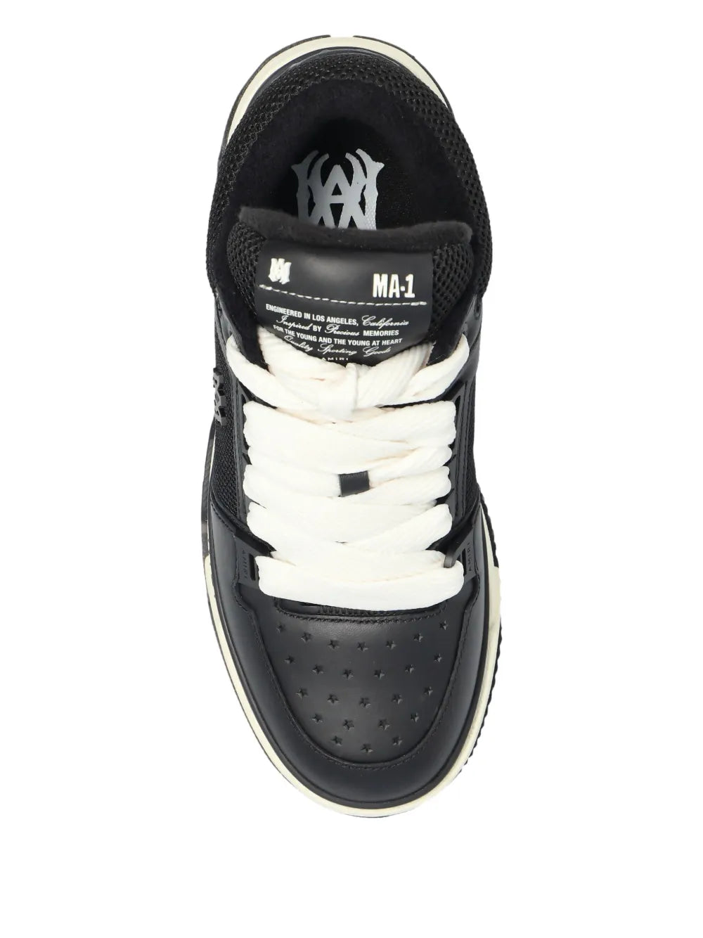 Black lace-up sneaker with white laces, MA-1 tongue patch, and padded collar