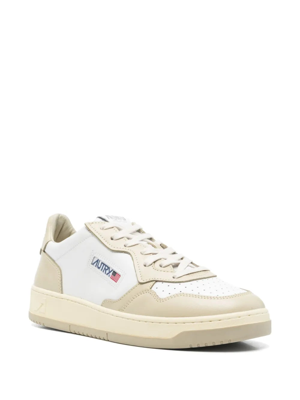 White and beige lace-up low sneakers with stitched panels and cushioned sole