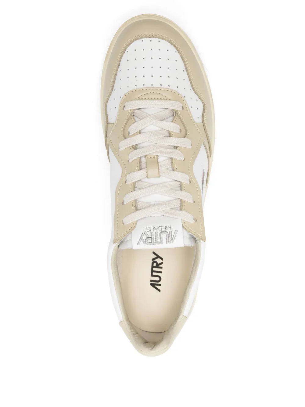 Autry low sneakers top view, white laces, beige toe cap, logo on insole