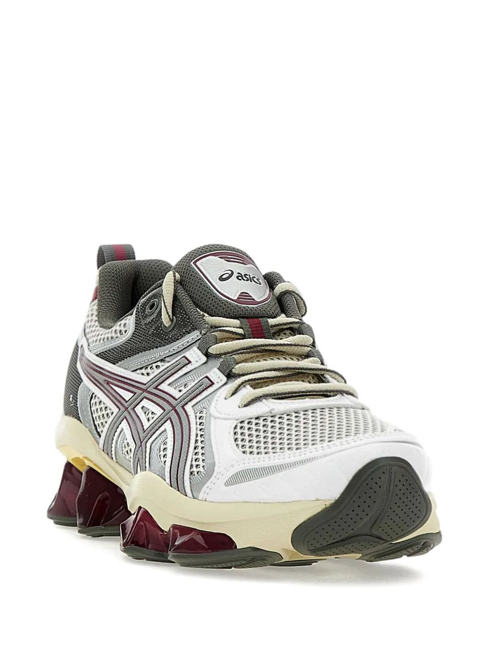 Mesh running sneakers in white and gray with burgundy detailing and cushioned sole