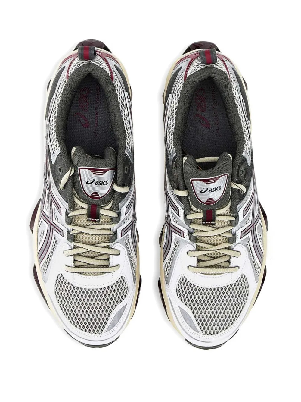 White mesh running sneakers with gray uppers, burgundy heel details, and lace-up front