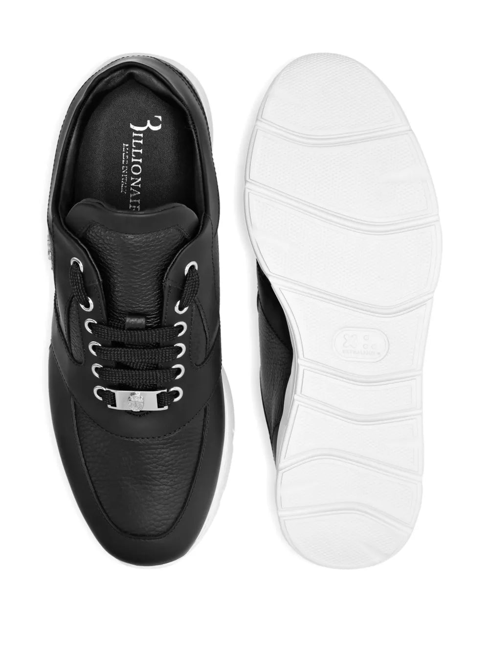 Black runner sneakers with white soles—top and outsole views