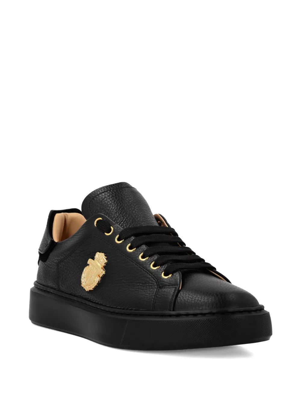 Black leather lace-up sneakers with gold logo plaque on side and thick platform sole