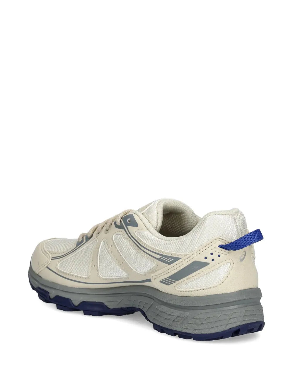 Ecru Asics sneakers with cushioned collar, blue eyelet accents, and durable outsole