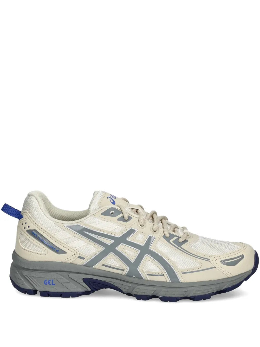 Ecru Asics Gel-Venture 6 sneakers with blue accents, GEL logo, and lace-up design