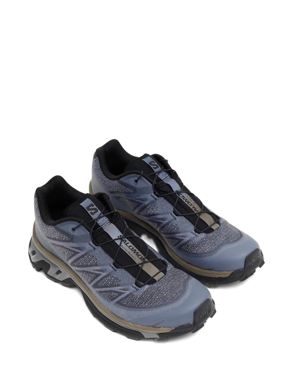 Blue trail running shoes, lace-up with black accents and treaded sole