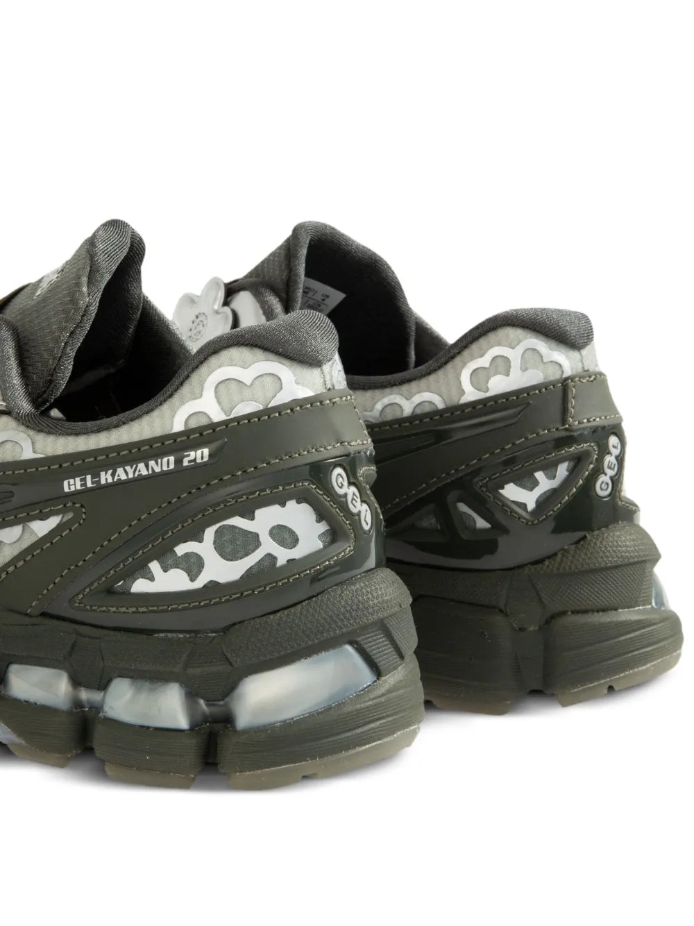Floral-embellished sneakers in dark olive and white, rear view with GEL-KAYANO 20 branding