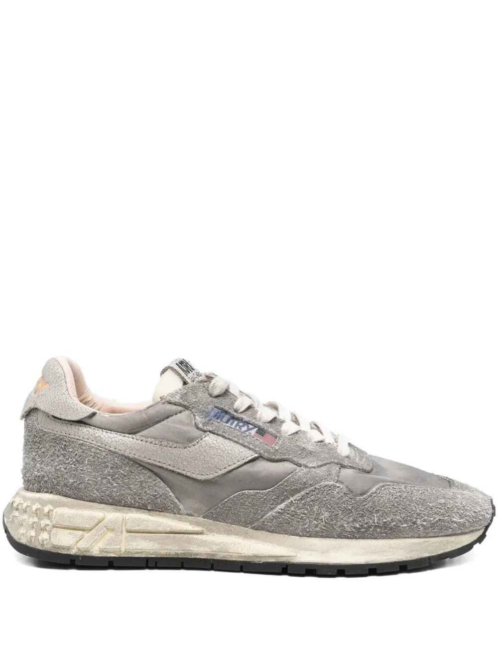 Grey suede-leather low-top sneakers with lace-up front and rubber sole