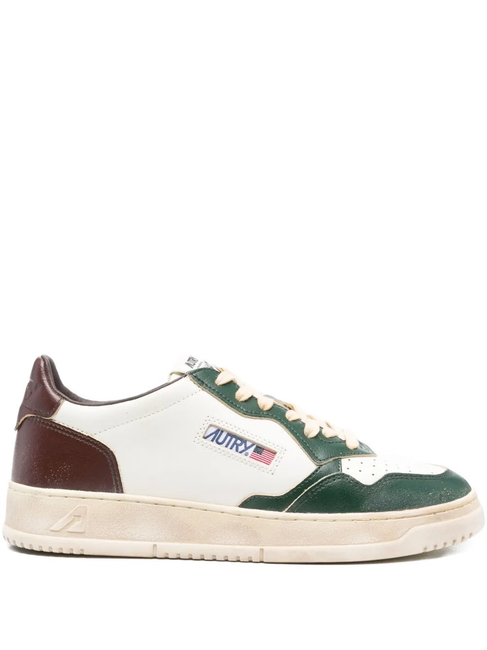 Off-white, green and brown leather-panelled lace-up sneakers with side logo patch