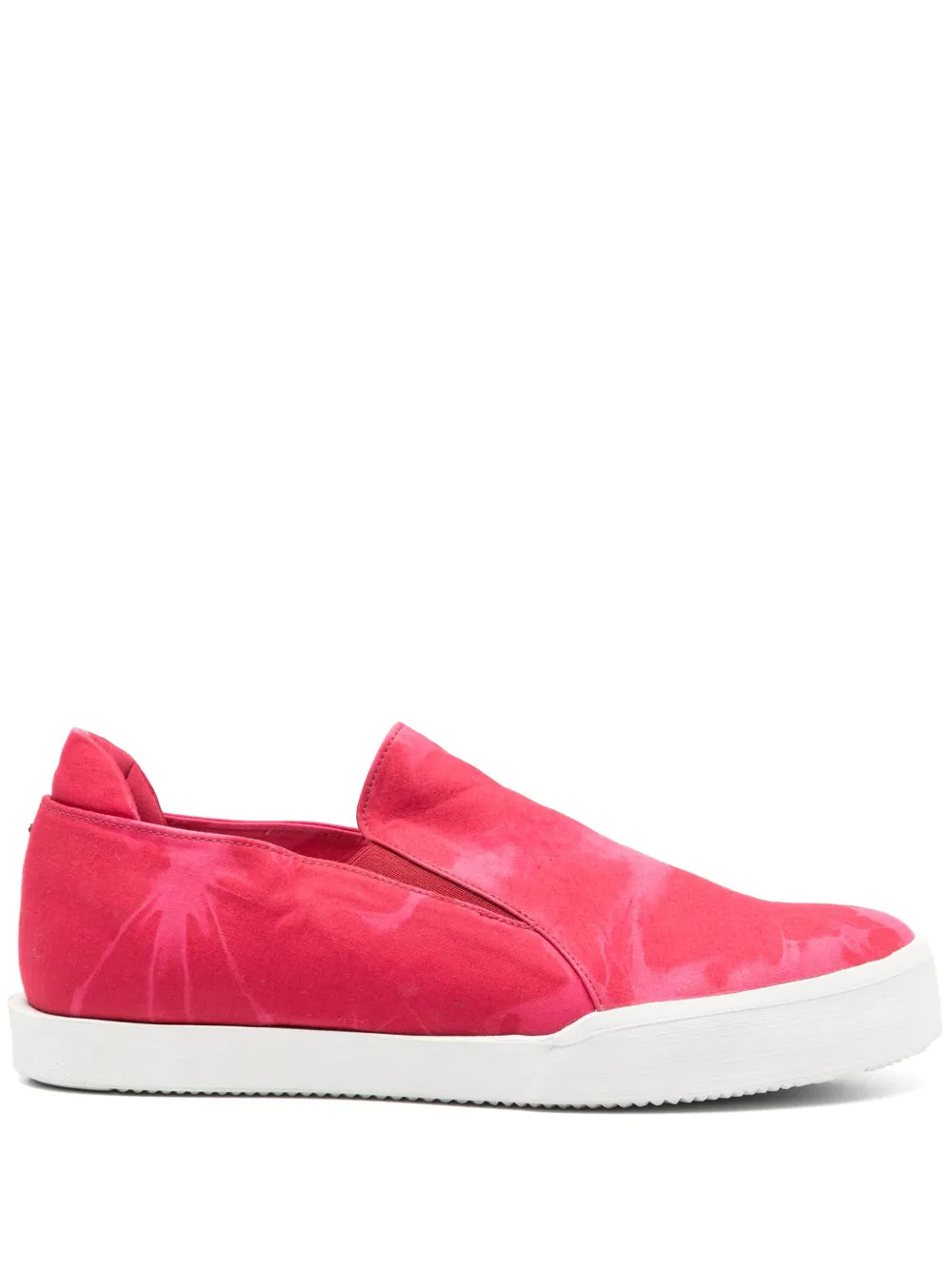 Pink tie-dye slip-on sneakers, low profile with white rubber sole