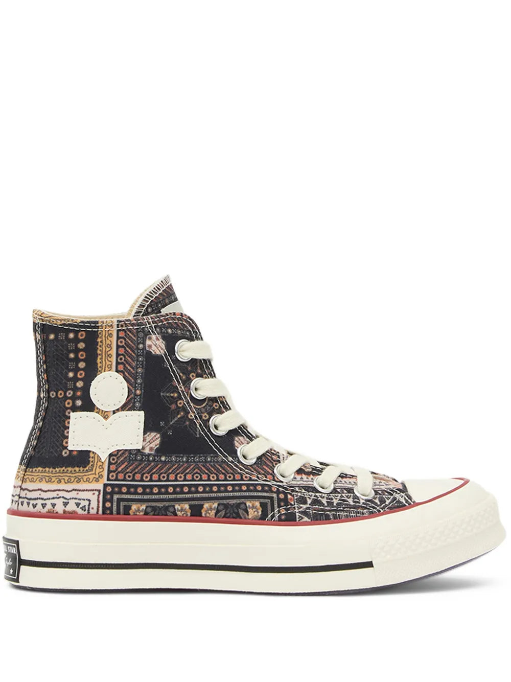 Black patterned high-top sneakers, white laces, star patch, white rubber toe