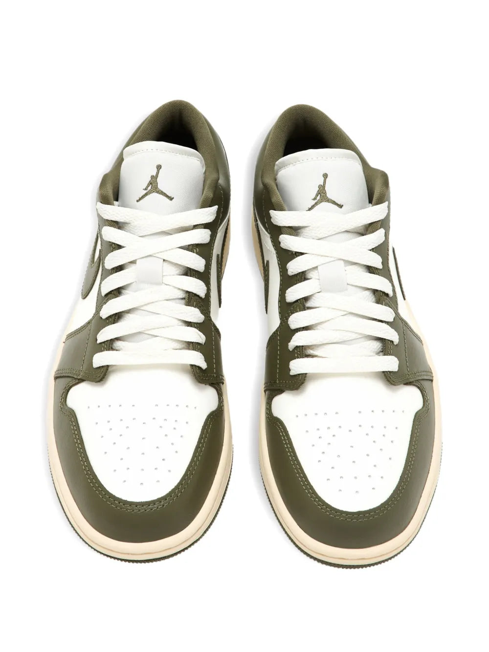 Pair of Nike Air low-top sneakers in olive green and white with lace-up uppers