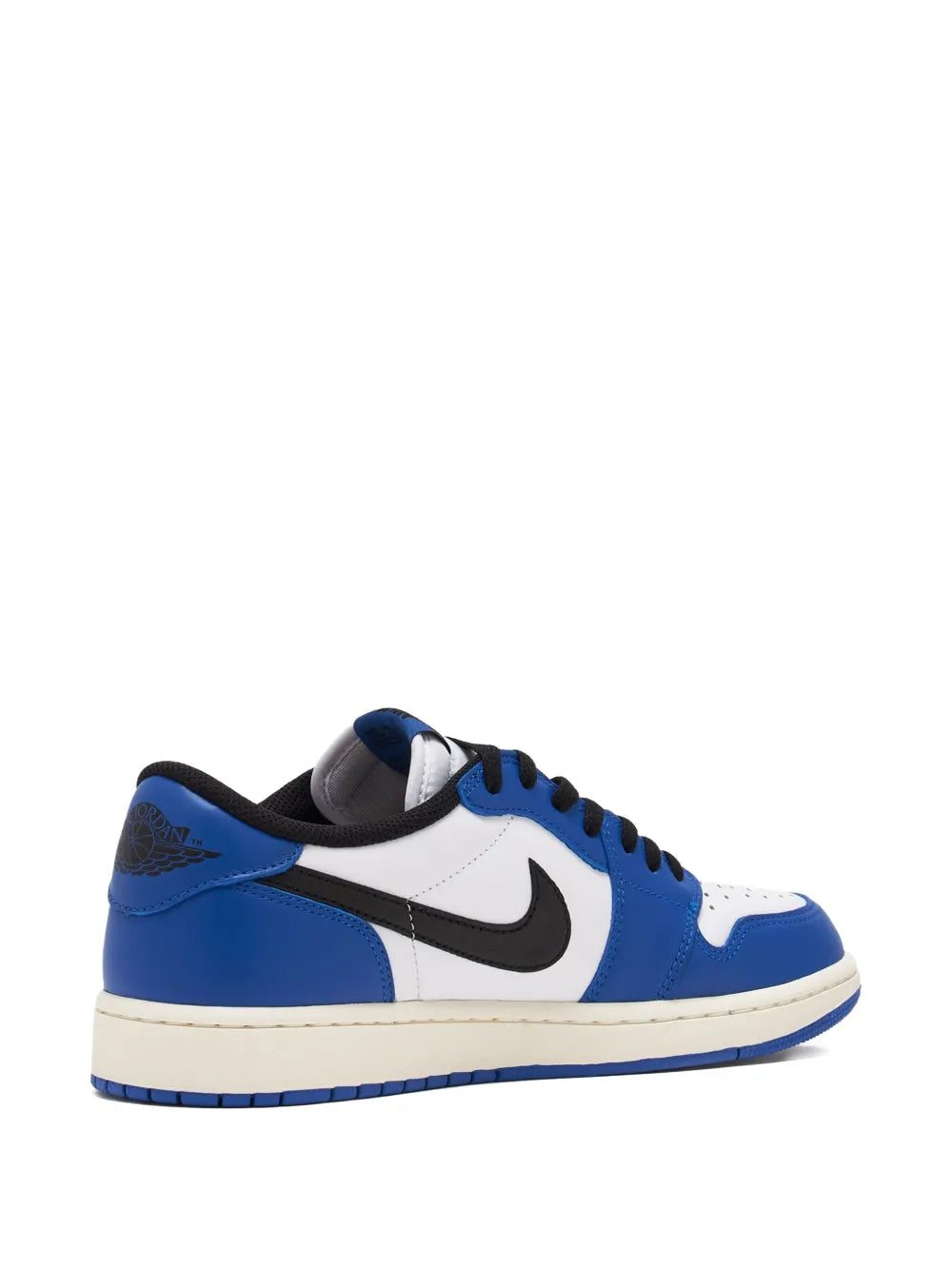Blue and white low-top sneakers with black swoosh, padded collar, lace-up