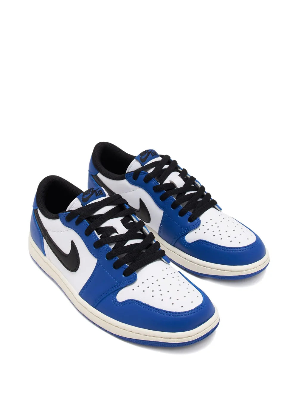 Pair of blue and white low-top sneakers with black laces and Nike swoosh