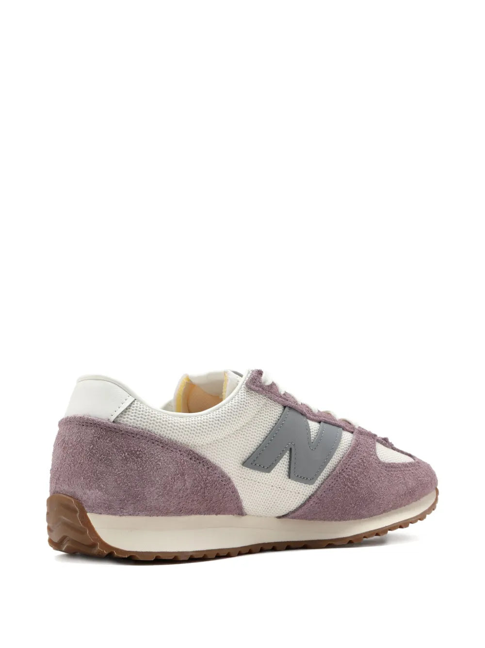 Lace-up sneakers with cream mesh upper, mauve suede overlays, tan rubber sole.