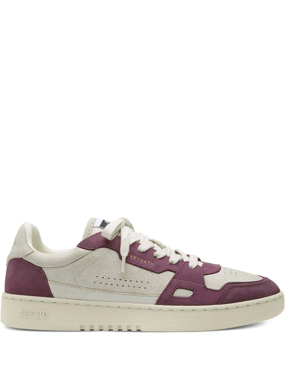 Beige and burgundy lace-up sneakers with side logos and off-white rubber sole