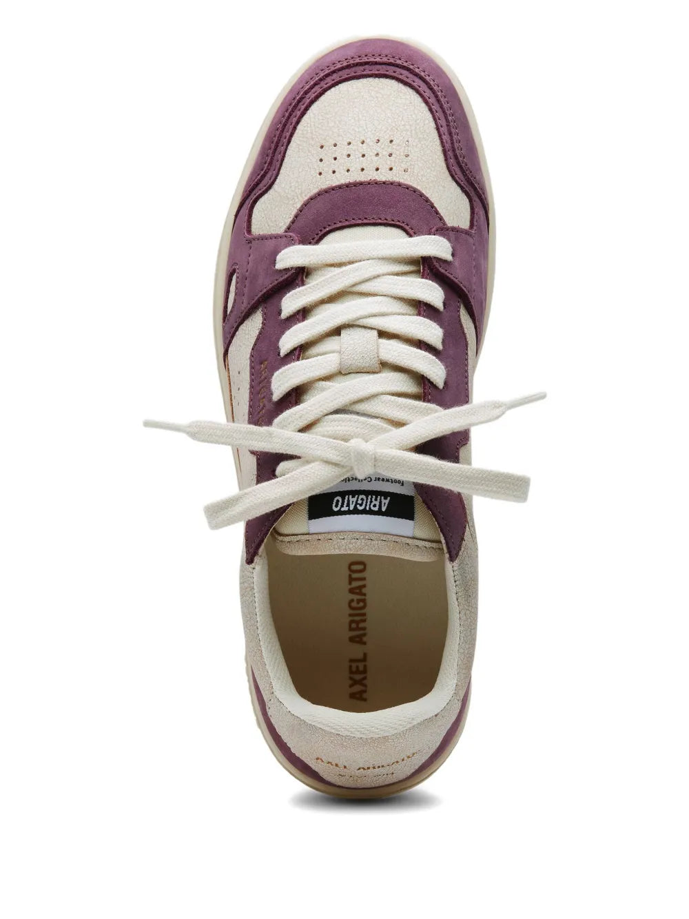 Beige and burgundy lace-up sneakers with logo tongue and white laces