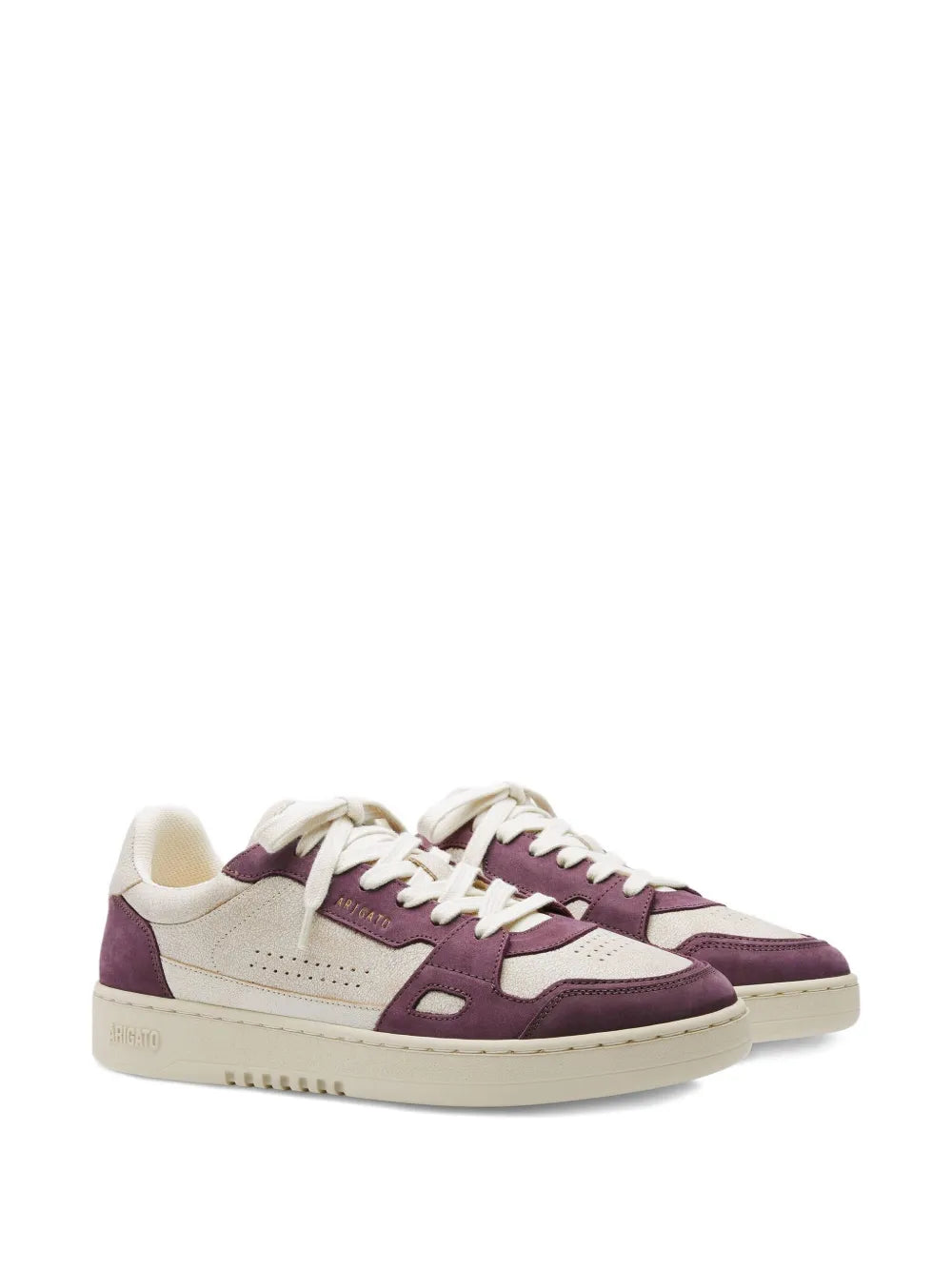 Beige and burgundy lace-up sneakers, three-quarter view