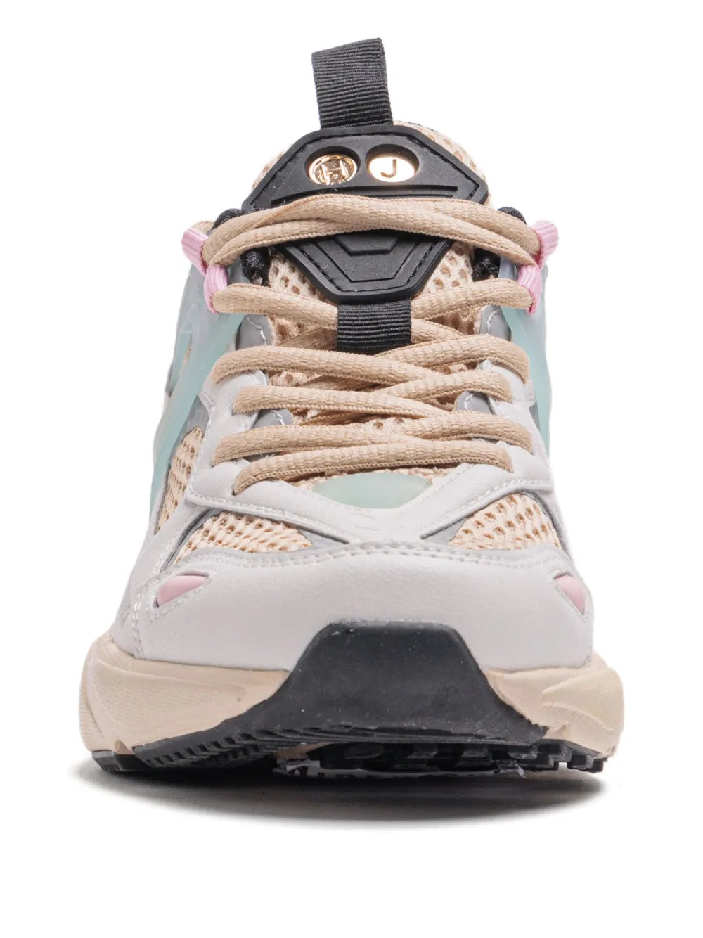 Pale blue chunky mesh sneakers, front view with beige laces and pink pull loops