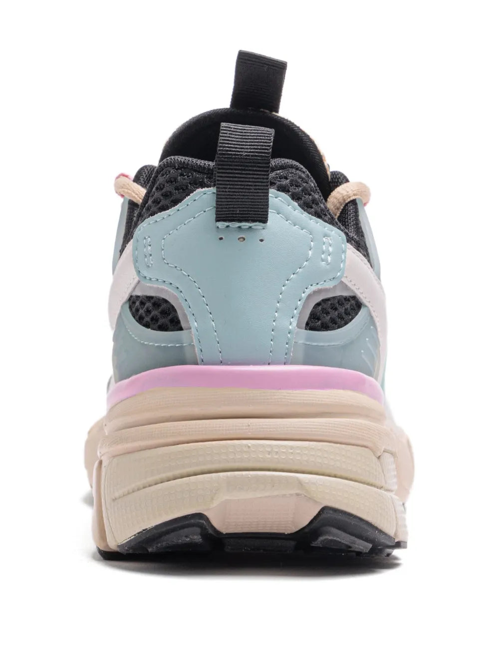 Pale blue chunky mesh sneakers, back view with beige midsole and black heel tab