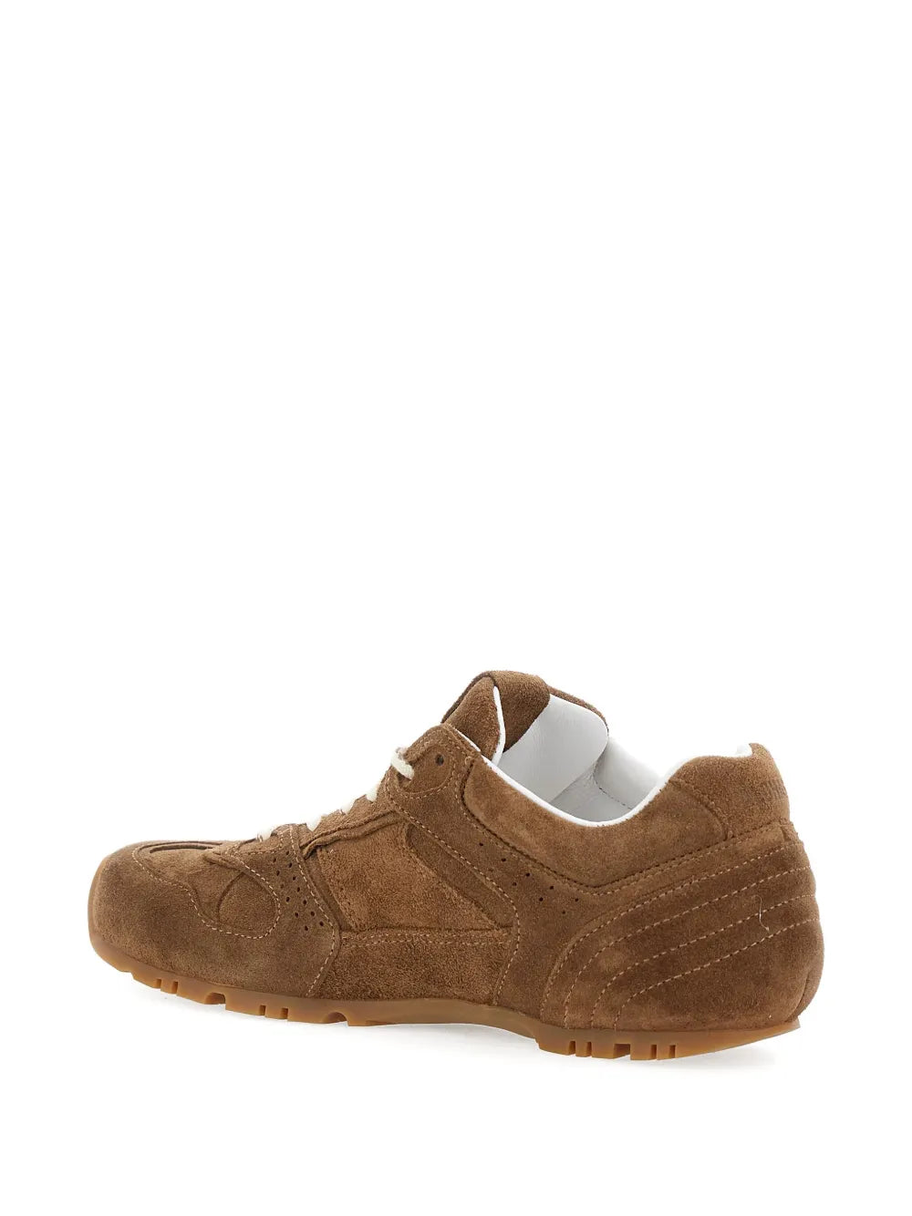 Brown suede lace-up sneaker with cushioned tongue and low profile sole