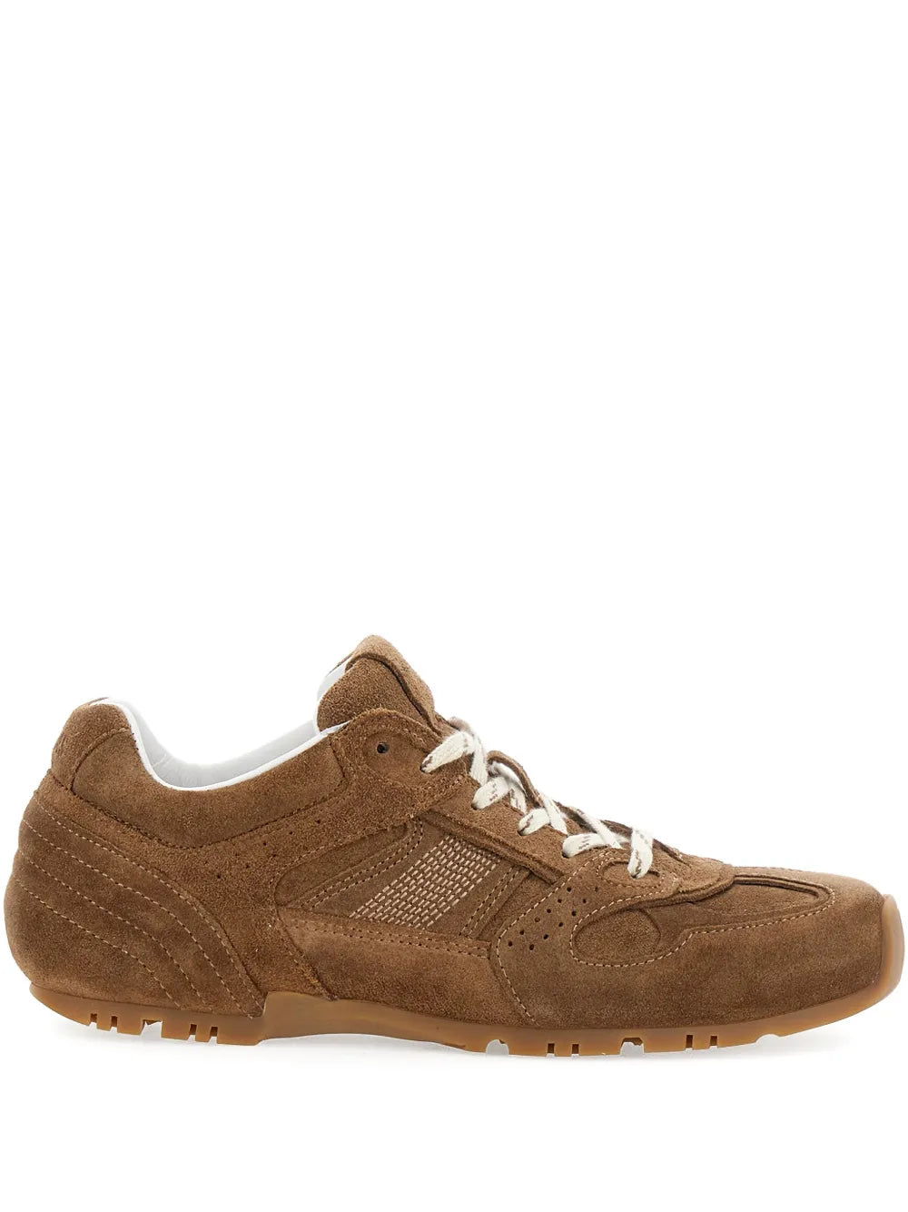 Brown suede lace-up sneaker with white laces and padded collar