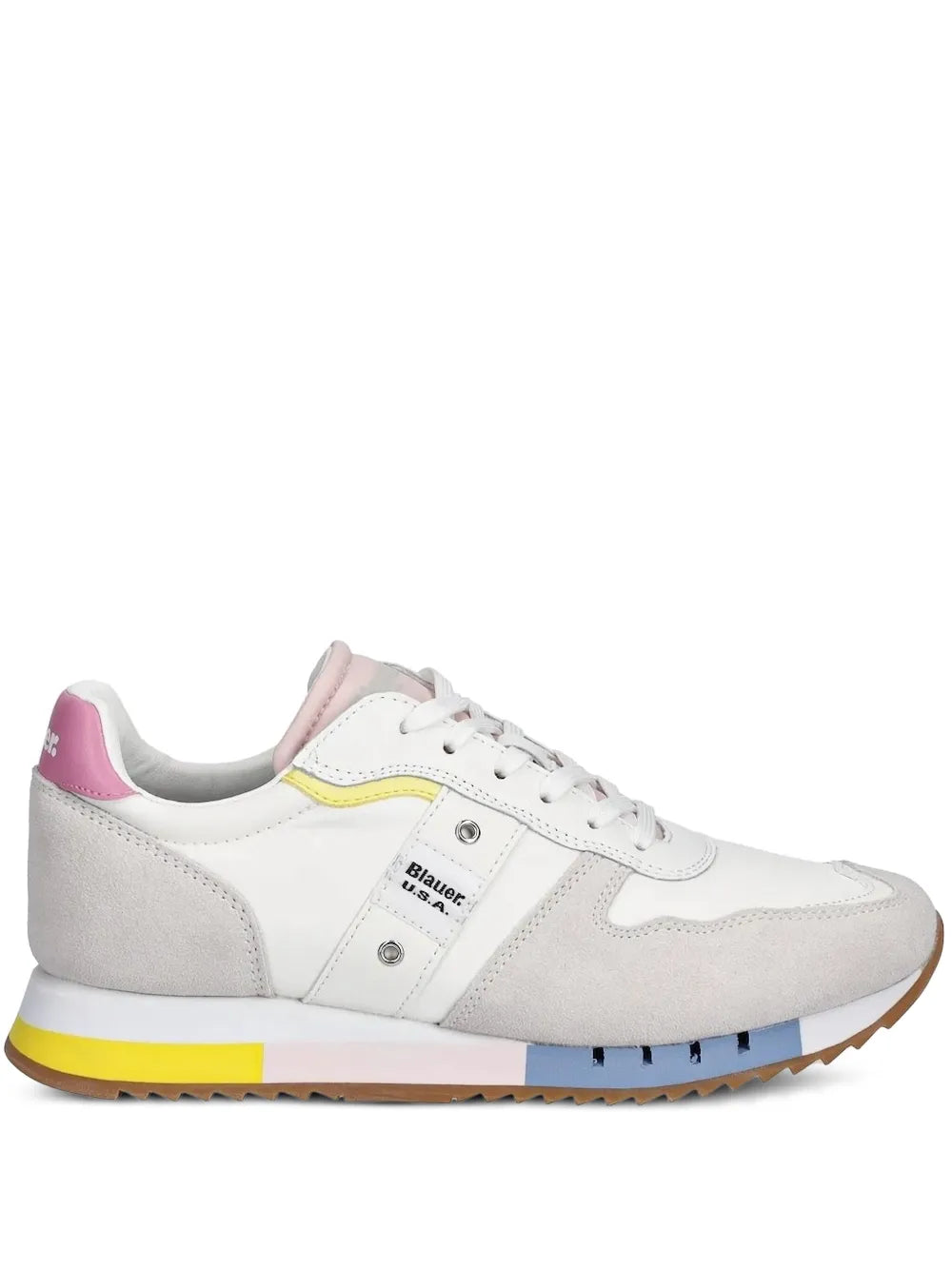 Blauer suede panel trainers in white with lace-up front and yellow-blue sole