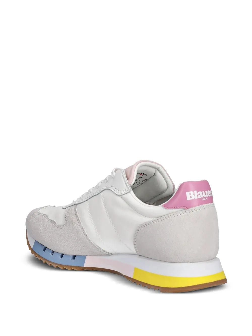 White suede panel trainers with lace-up, side paneling, Blauer logo at heel
