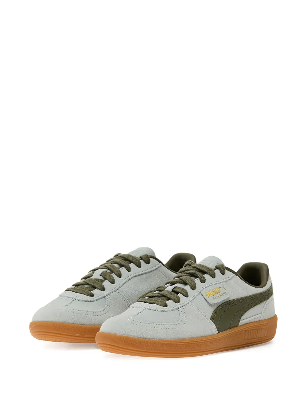 Suede sneakers lace-up design with white panels, olive accents, and tan sole