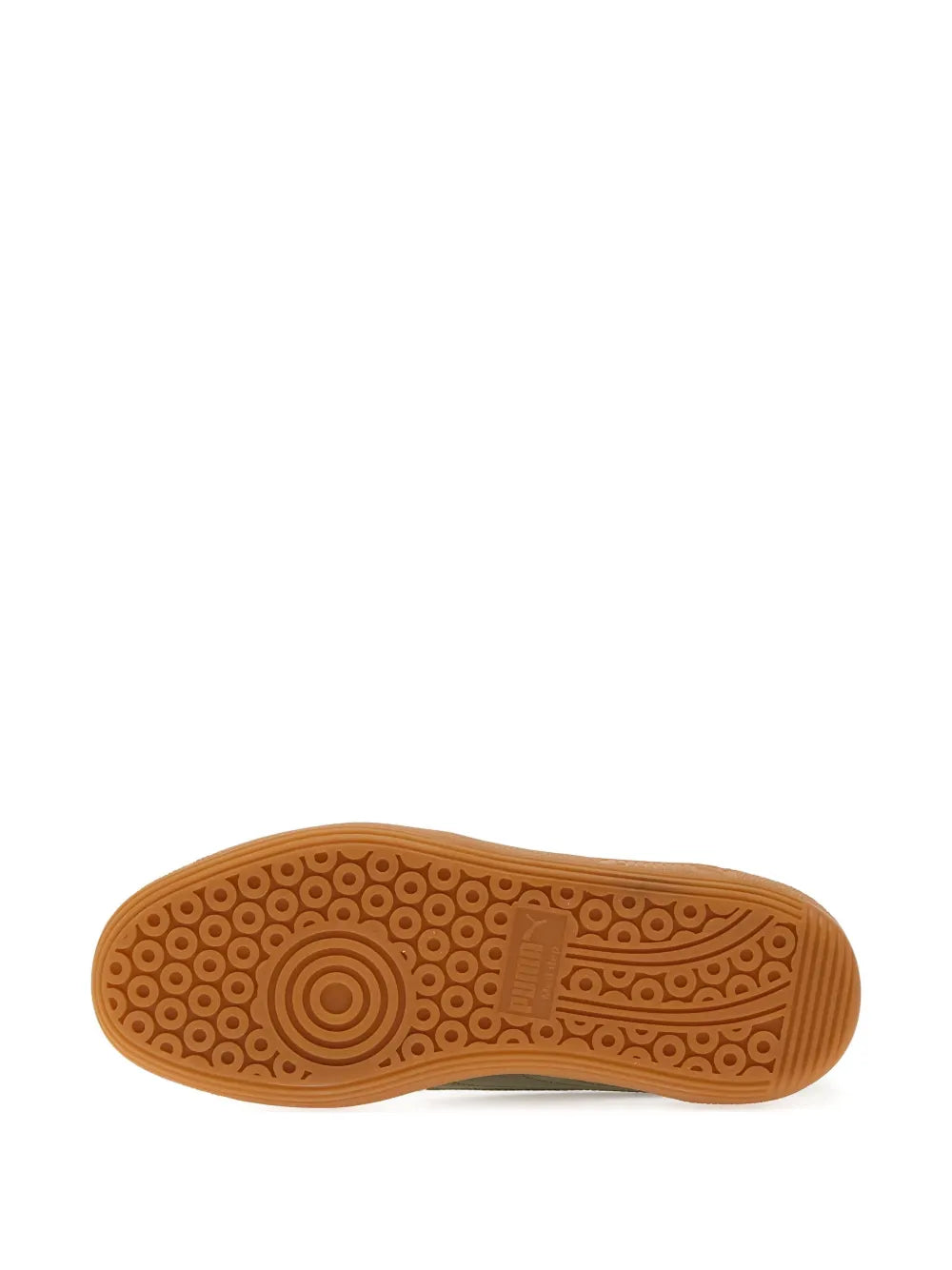 Suede sneakers outsole tread in tan with patterned traction grooves