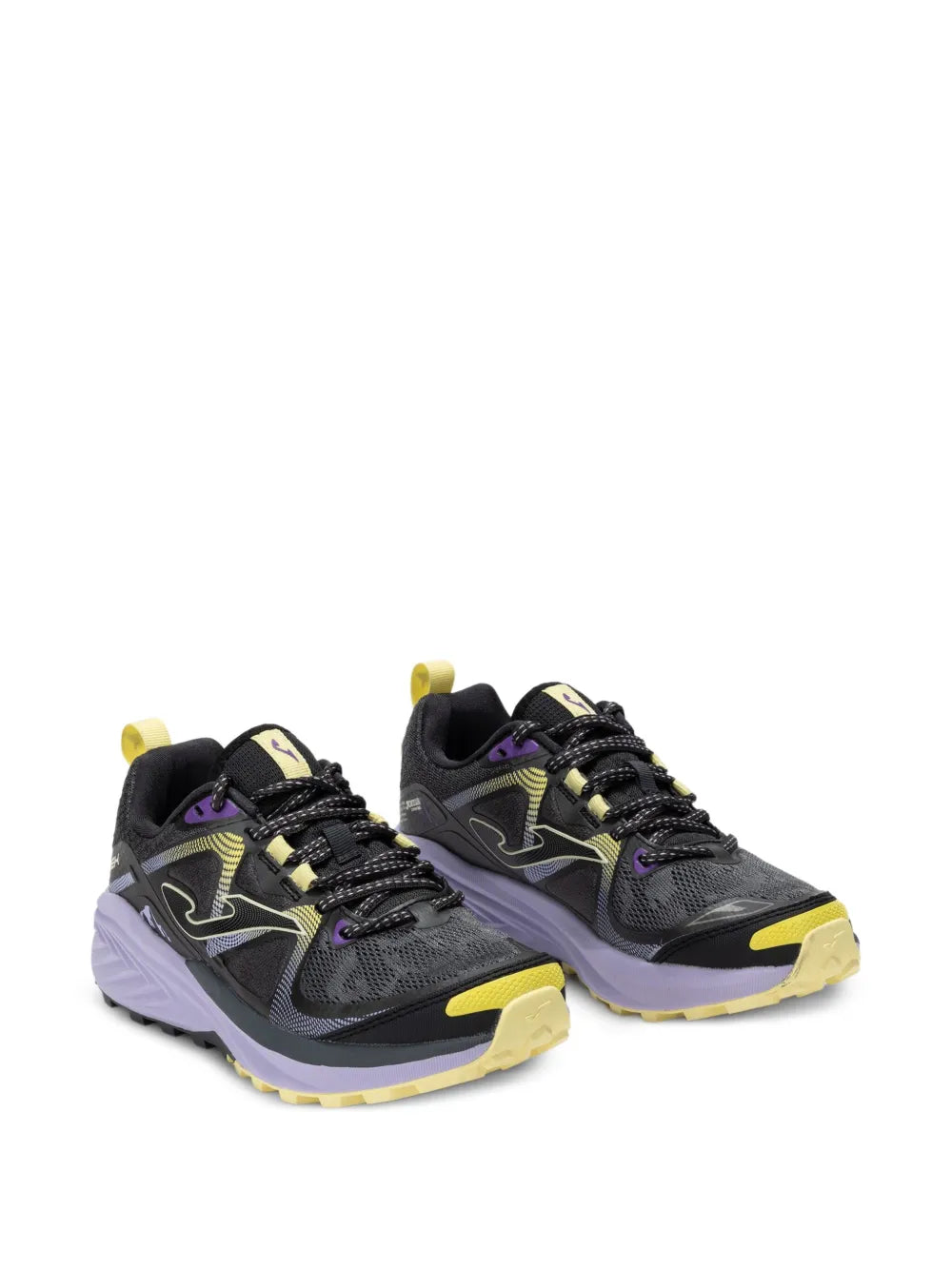 Pair of mesh trail running shoes with black uppers, purple laces, and yellow outsole accents.